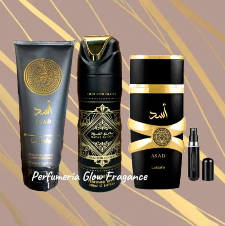 Combo Lattafa Hombre: Perfume, Spray y Crema Corporal.